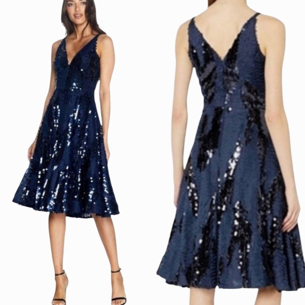 NEW! Dress The Population Dress XS Navy Sequin V-Neck Party Cocktail NWT